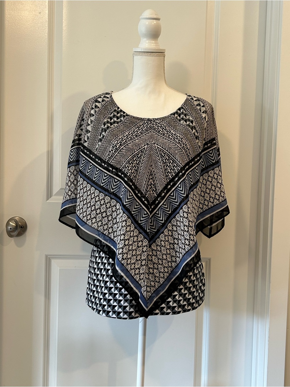AB Studio Blue and Black Geometric Poncho Top